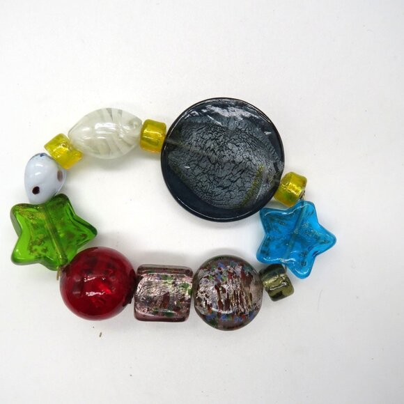 Art Glass Bead Bracelet Assorted Colorful Chunky Shapes Design Stretch Fun Funky - Picture 5 of 6